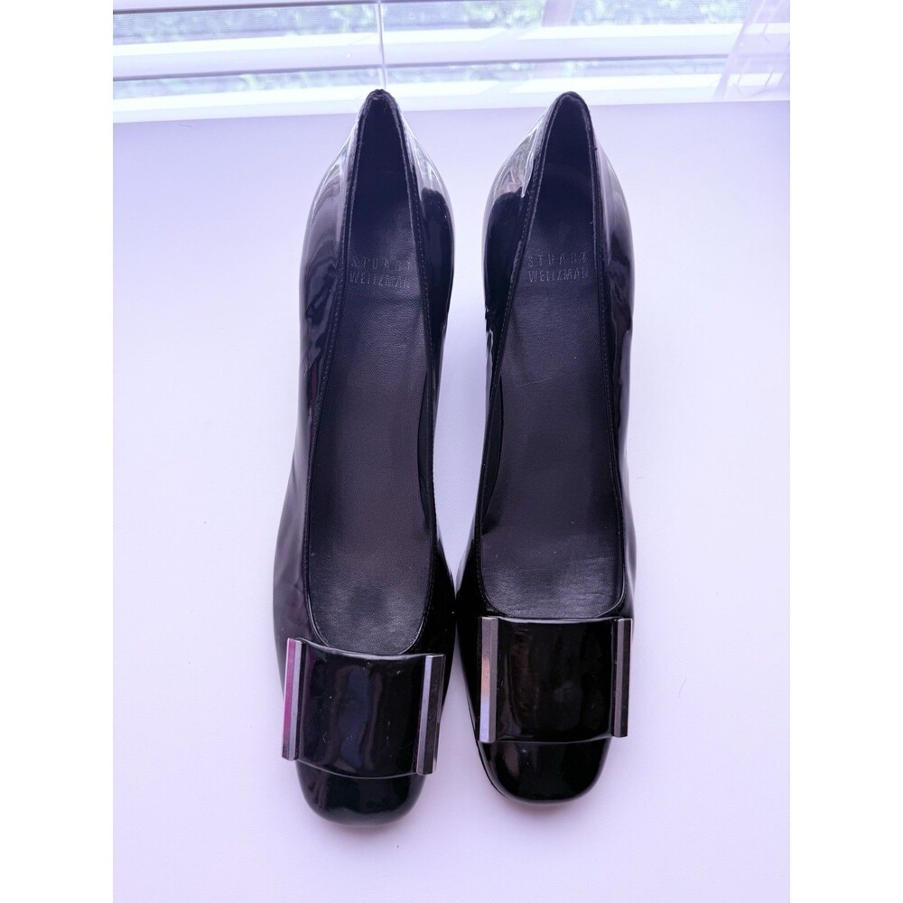 Stuart Weitzman Black Patent Leather Pumps Silver Buckle Women’s 9.5